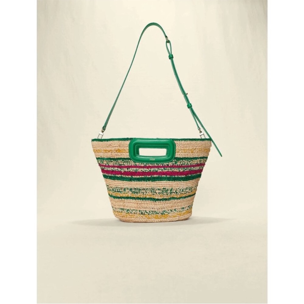 Maje Mini Stripe Raffia Basket Bag Vert Casino